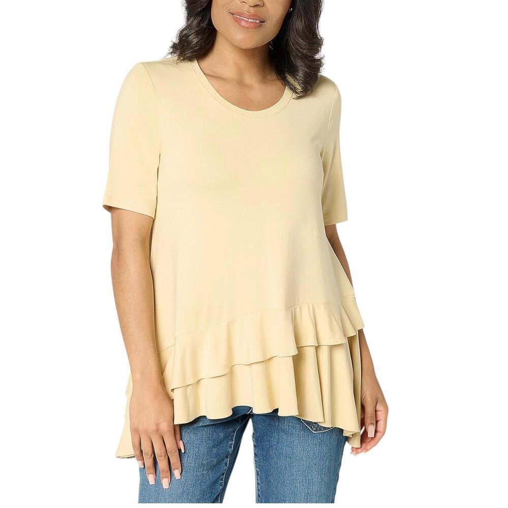 LOGO by Lori Goldstein Women's 230 Knit Ruffle Hem Top Oat - Regular